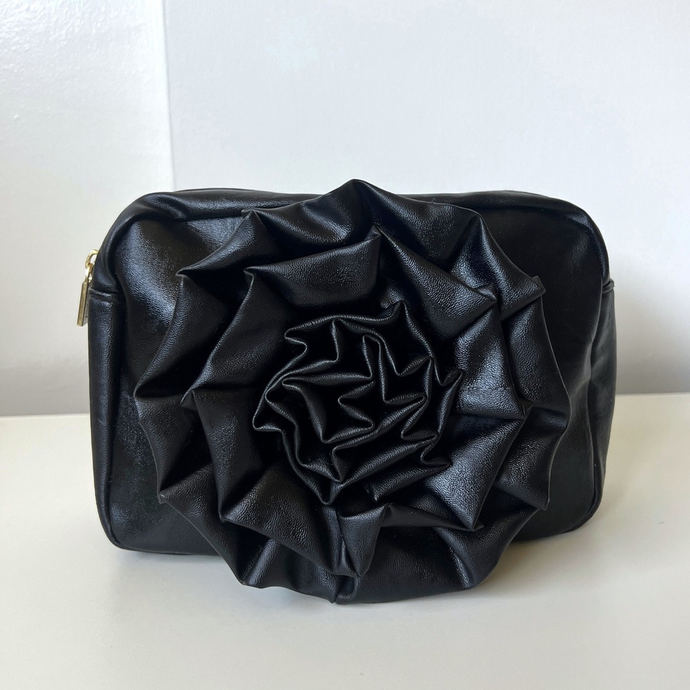 Murval Black Floral Cosmetic Bag Makeup Case Faux Leather Zip Pouch